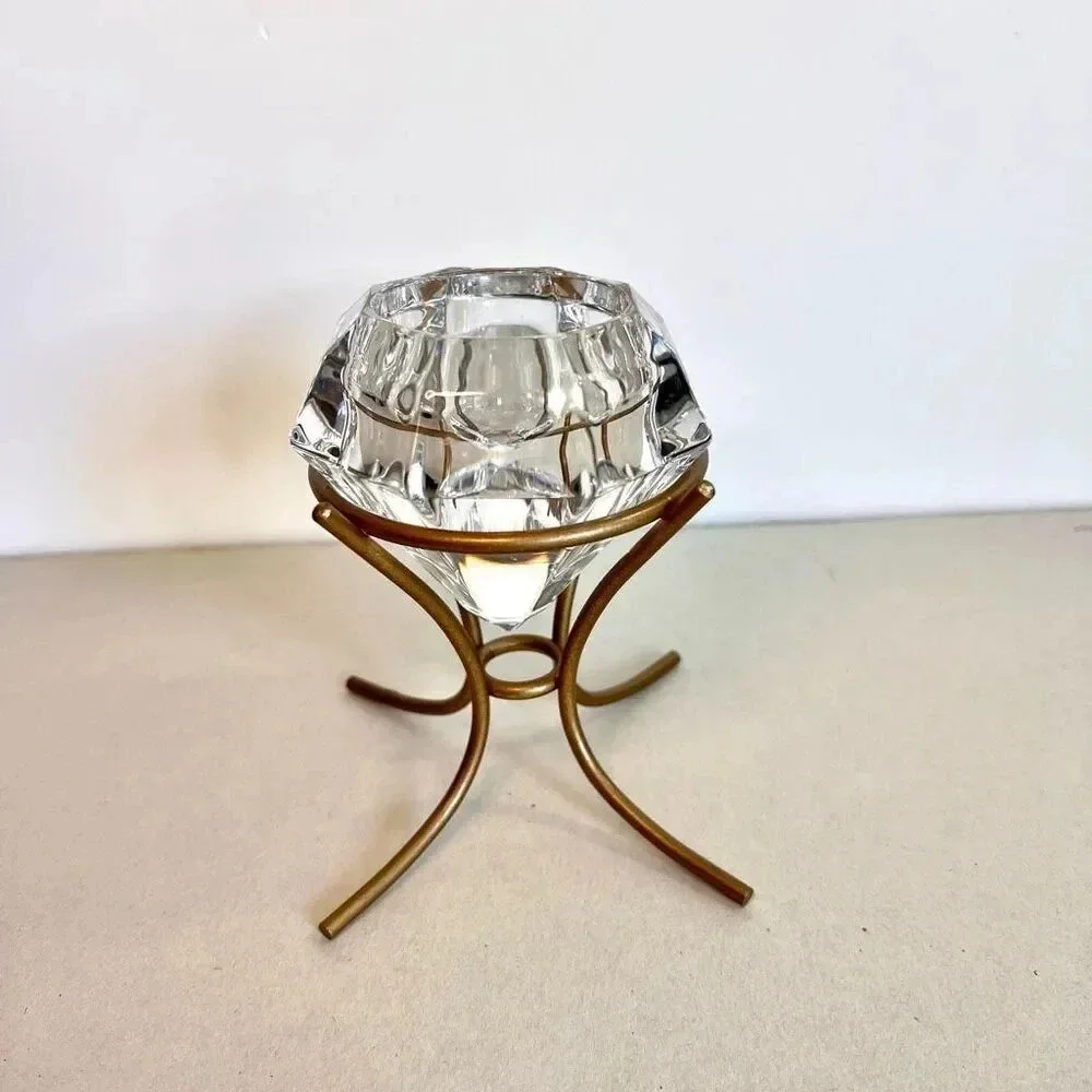 Vintage PartyLite Clear Heavy Glass Tealight Candle Holder Diamond on Gold Stand